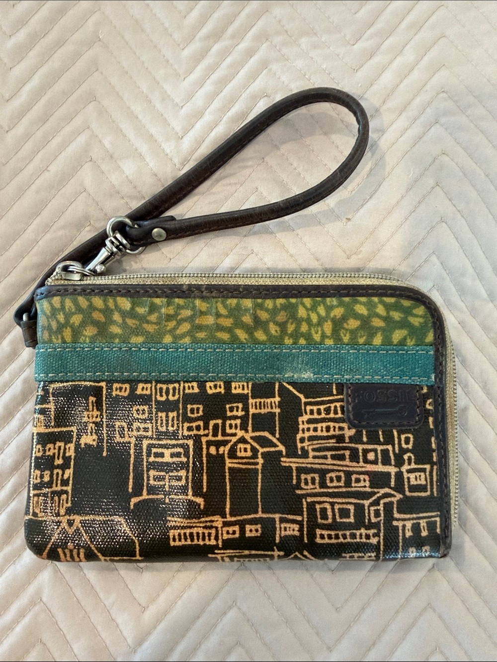 Fossil Brown City-Print Key-Per Wristlet with Teal and Green Accents